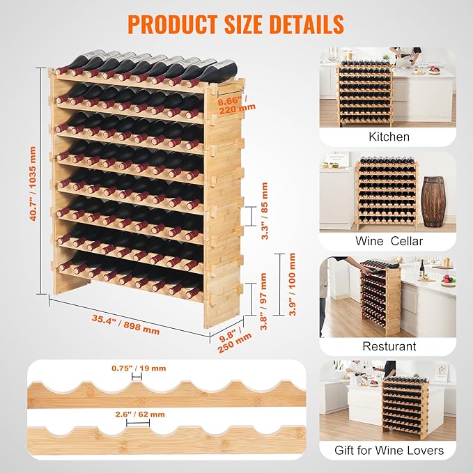 VEVOR 72 Bottle Upgrade Modular Wine Rack, Continuously Store Pinot Bottles, 8-Tier Bamboo Wood Storage Rack, Floor Freestanding Wines Holder Display Shelf, Wobble-Free Shelves for Kitchen Bar Cellar