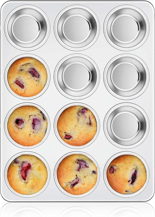 Homikit 1 Pack Muffin Pan, Stainless Steel Cupcake Tin with 12 Cups Regular Size, 13.8" x 10.4" Nonstick Metal Egg Bites Tray for Oven Baking, Non Toxic & Rust Free, Easy Release & Dishwasher Safe