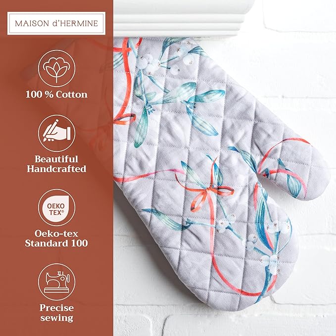 Maison d' Hermine Oven Gloves 100% Cotton Oven Mitt 7" x 13" with Loop Heat Resistant, BBQ, Cooking Gloves, Baking, Grilling, Kitchen, Handling Hot Pans (Pack of 1, Enora)