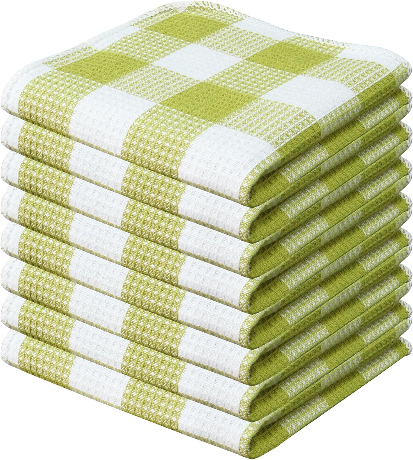 Waffle Weave Plaid Dish Cloths, 100% Cotton - 12 x 12 Inches, Ultra Soft Absorbent Quick Drying Dish Towels Buffalo Check Dish Rags for Kitchen, 8 Pack - Spring Summer - Light Green & White
