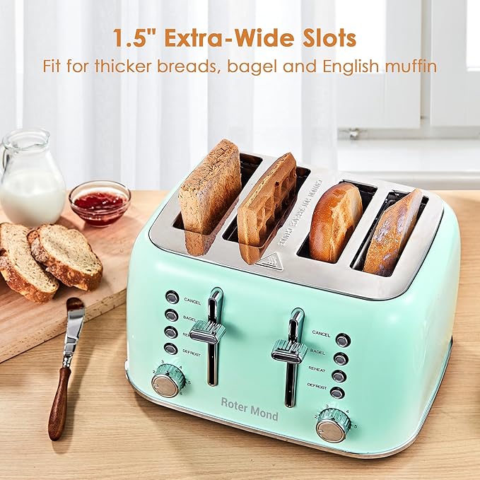 Toaster 4 Slice Retro Stainless Steel with Extra Wide Slots Bagel, Defrost, Reheat Function, Dual Independent Control Panel, Removable Crumb Tray, 6 Browning Levels, Aqua Green