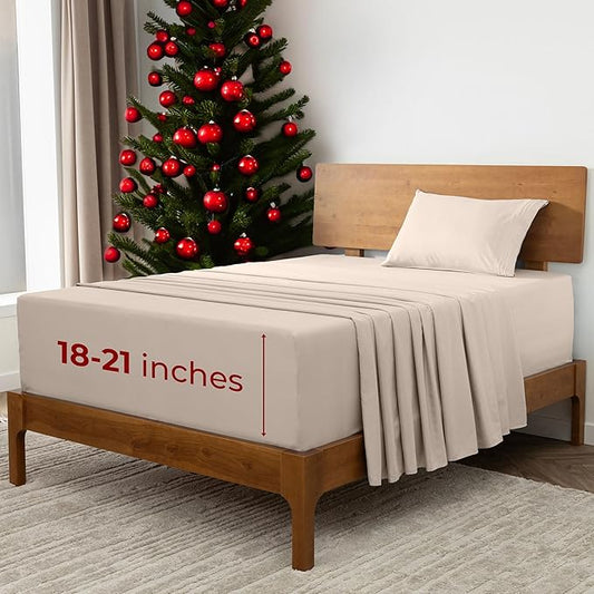 Mellanni Extra Deep Twin Sheets - 3 PC Iconic Collection Bedding - Hotel Luxury, Ultra Soft, Cooling Bed Sheets - Wrinkle, Fade, Stain Resistant (Twin, Beige)