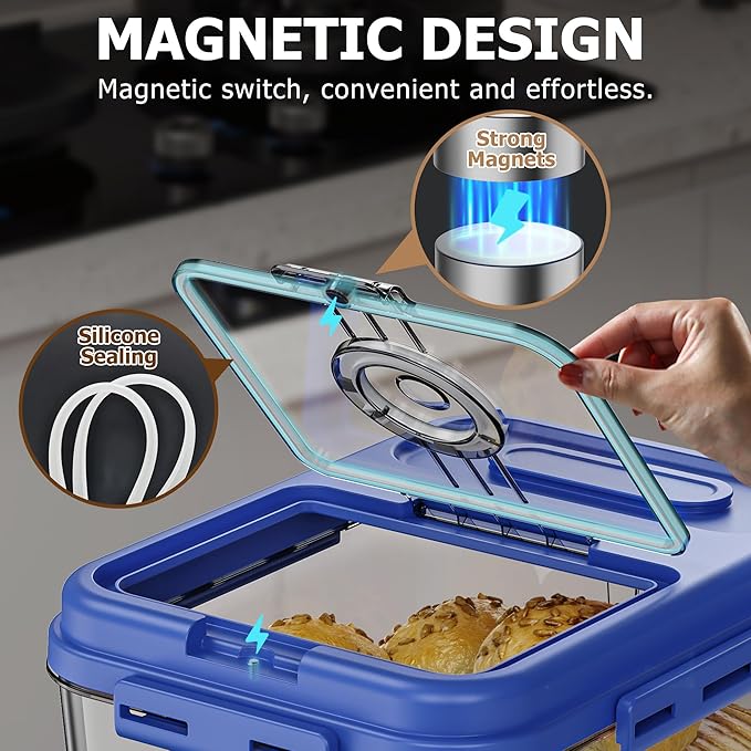 Bread Box For Kitchen Countertop, Airtight Bread Storage Container, Bread Keeper For Homemade Bread, Cookies, Cereal, Fruits, Large Blue.