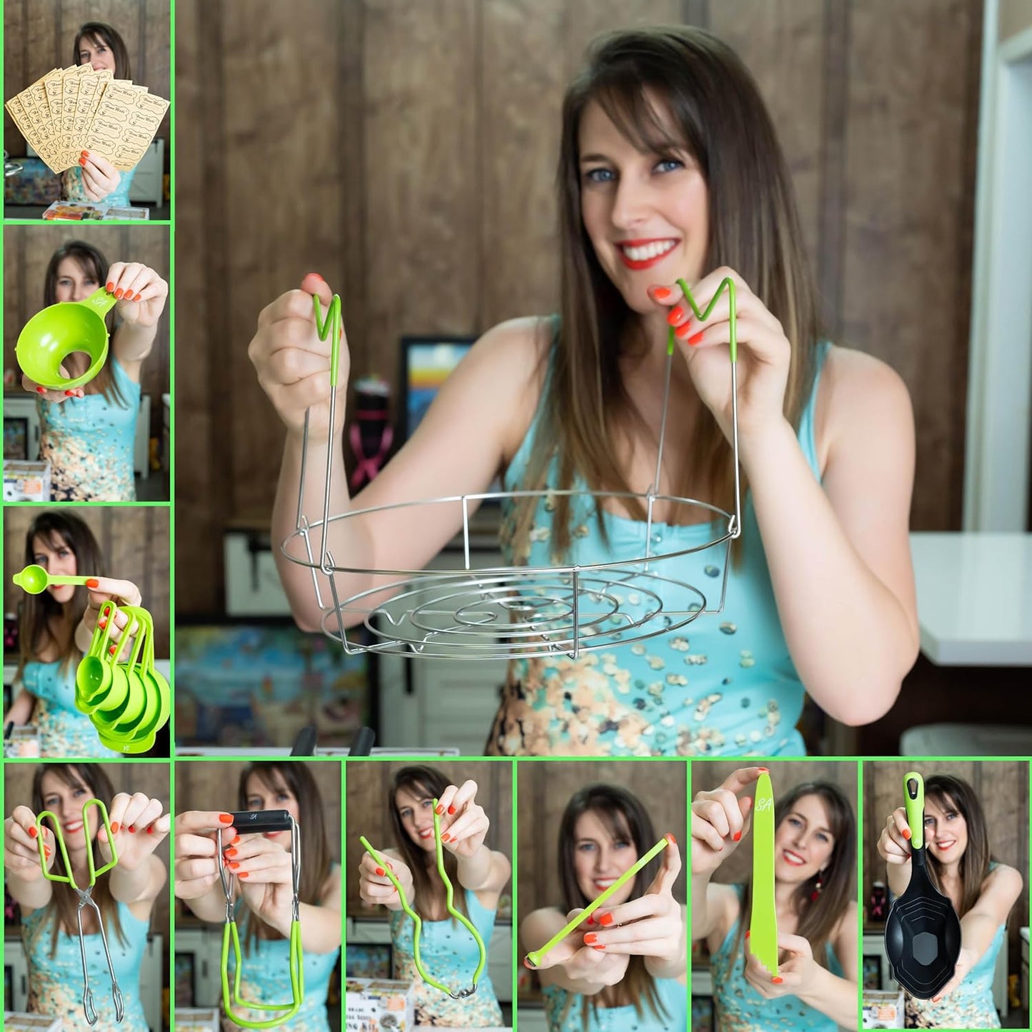 Supa Ant Canning Supplies Starter Kit- Canner Accessories with Canning Rack for Jars, XL Ladle,Wide Mouth Jar Funnel,Jar Lifter and Wrench,Bubble Popper/Measurer,Lid Lifter,Kitchen Tongs (Light Green)