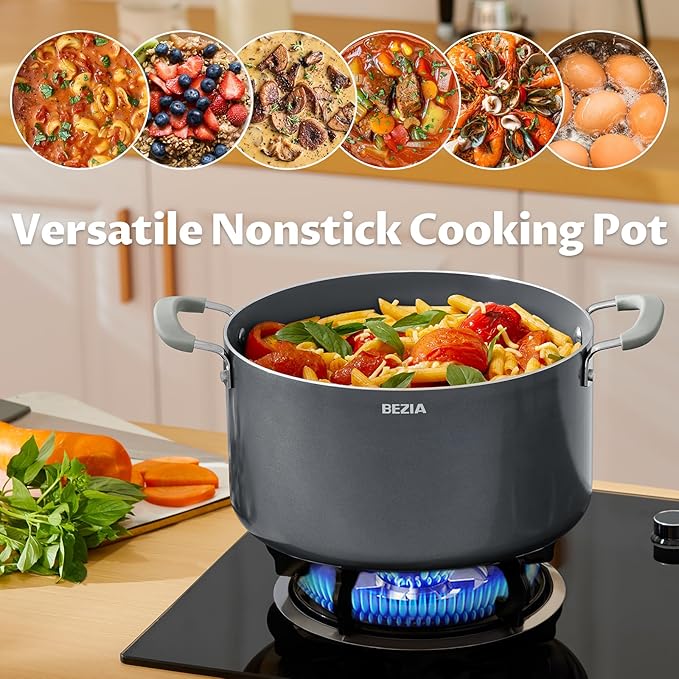 12 Quart Pot with Lid, BEZIA Ceramic Nonstick Stock Pot with Lid, Induction Ready, Large Cooking Pot with Silicone Handle, Compatible with All Cooktops, Dishwasher Safe