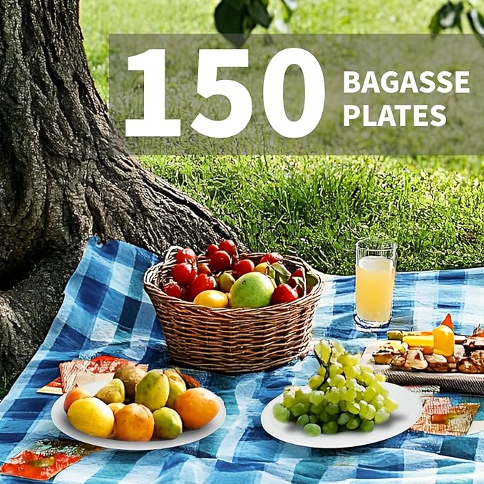 Compostable Paper Plates 9 Inch - 100% Biodegradable, Heavy Duty Eco-Friendly Disposable Plates for Camping，Parties, Weddings, BBQ (150 Pack) (9" Natural Brown)