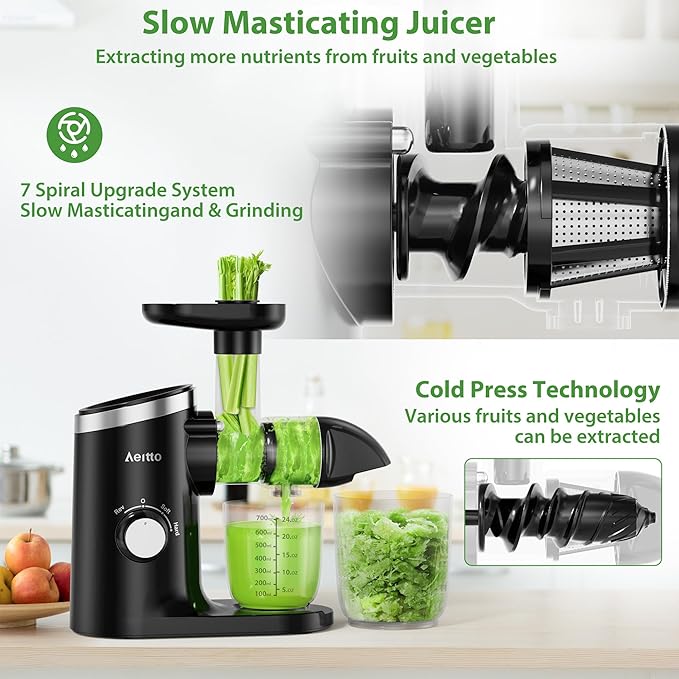 Aeitto Juicer Machines with Soft & Hard Modes, Quiet Motor, Reverse Function, Juicer Machines Vegetable and Fruit, Cold Press Juicer, Easy to Clean with Brush