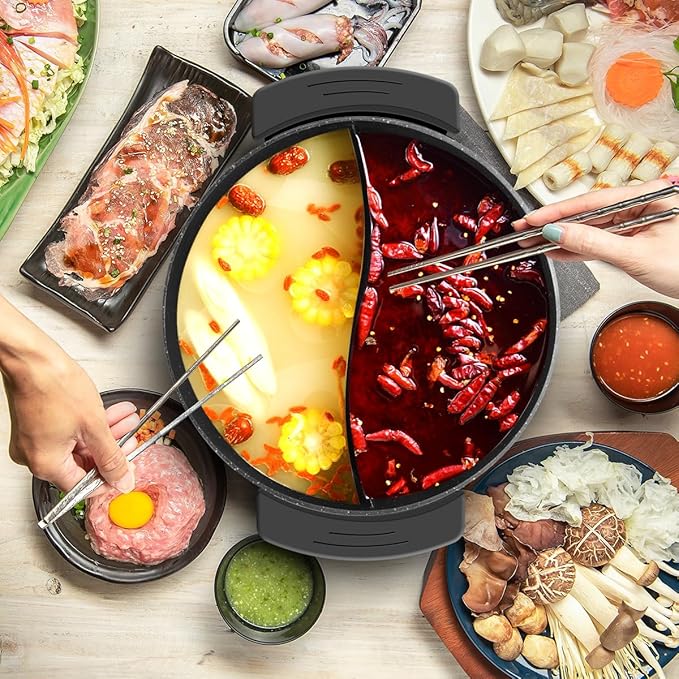 Food Party Electric Hot Pot with Divider Hotpot Pot Electric Hopot Cooker Shabu Shabu Pot 110V 1200W Non-Stick 6-Quart BPA FREE Fondue Chinese Hot Pot