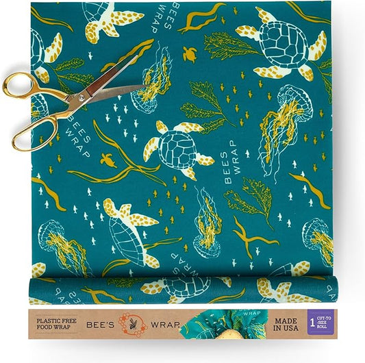 Bee's Wrap Beeswax Wraps for Food - Ocean Cut to Size 14x52" Wax Paper Roll - Made in USA Reusable Waxed Paper & Bowl Covers - Organic & Eco-Friendly Alternative to Aluminum Foil & Plastic Wrap