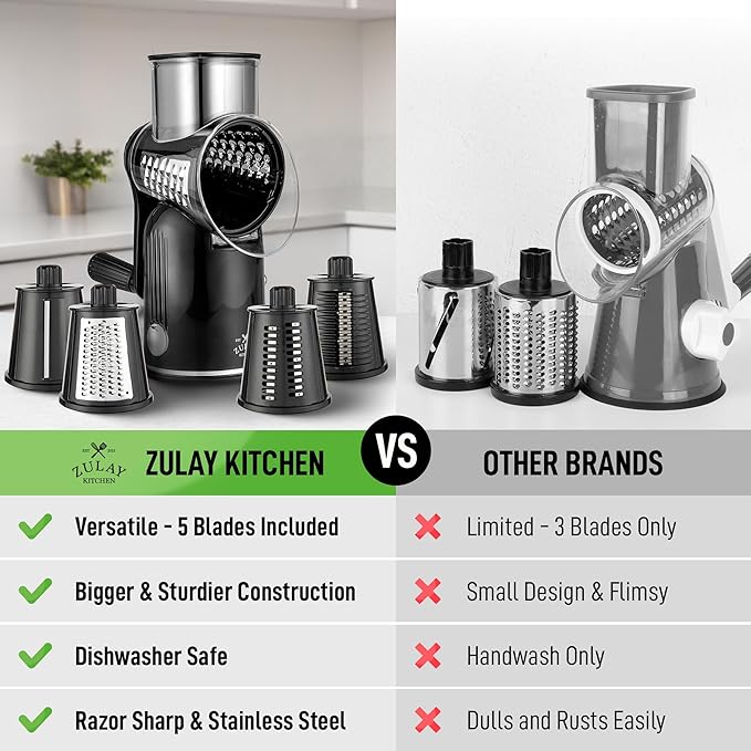 Zulay Kitchen Rotary Cheese Grater 5 Blade Cheese Shredder - Manual Hand Crank Cheese Grater With Reinforced Suction & 5 Interchangeable Drums - Easy to Use, Vegetable Chopper Round Mandoline Slicer