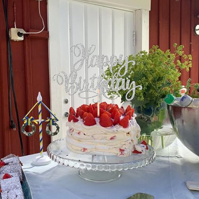 ZHUOWEISM 1 PCS Happy Birthday Cake Topper Glitter Happy Birthday Cake Pick for Celebrating Happy Birthday Anniversary Party Cake Decorations Supplies Silver