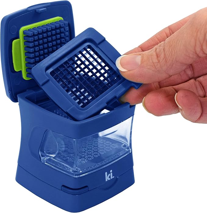 Garlic-A-Peel Garlic Press, Crusher, Cutter, Mincer, and Storage Container - Includes Silicone Garlic Peeler - Easy to Clean - Stainless Steel Blades – (Blue), standard