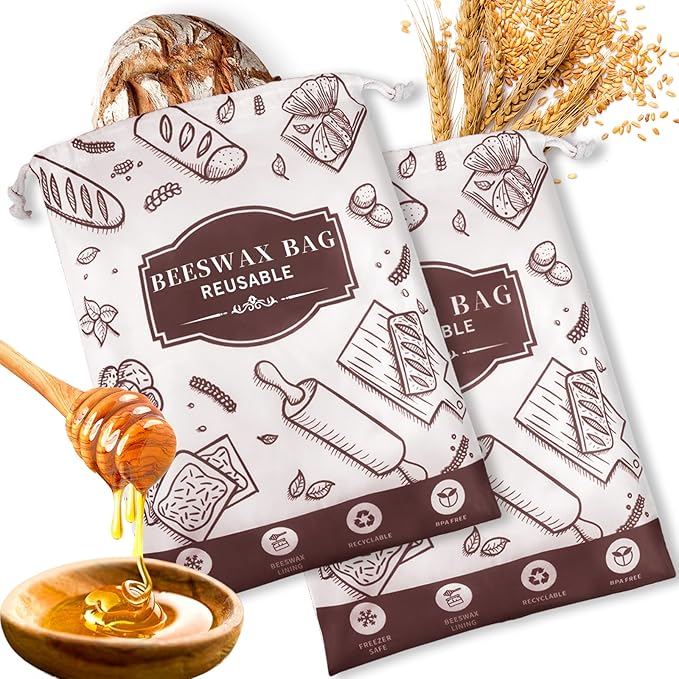 2-Pack Beeswax Bread Bags for Homemade Bread，Reusable Sourdough Storage Bags with Premium Beeswax Coating for Loafs Baguette Fresh Keeping,Great Baking Essentials and Gifts for Families & Friends.
