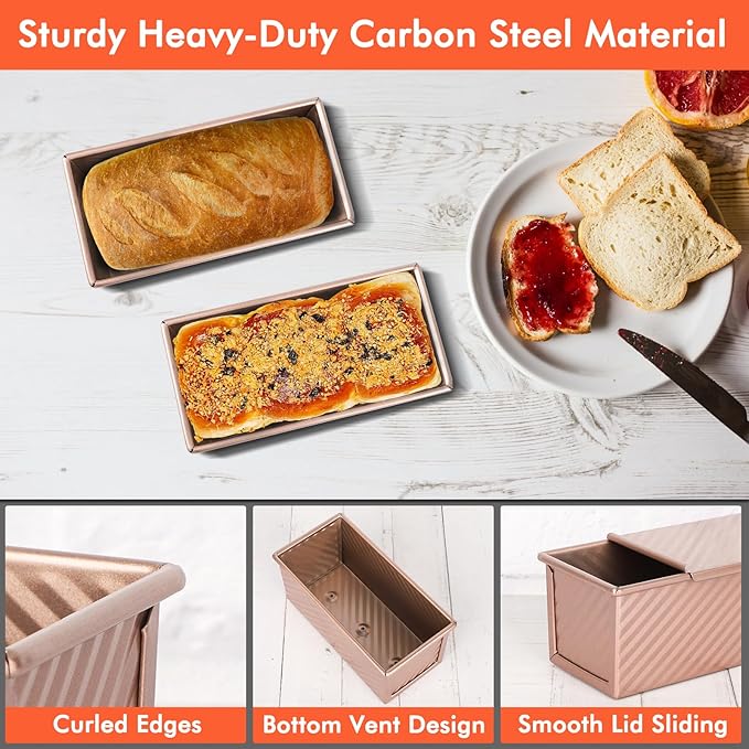 Beasea Pullman Loaf Pan With Lid, 2 Pack 0.5 lb Small Non-Stick Carbon Steel Mini Toast Box for Homemade Bread Oven Baking - Rose Gold