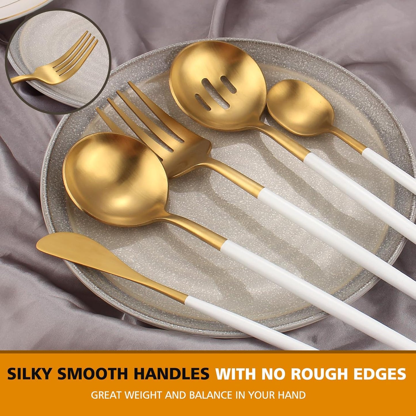 Matte Whitegold Serving Set，Oliviola 5-Piece Stainless Steel Large Hostess Set with Round Edge, Satin Finished, Dishwasher Safe -Large Spoon, Large Fork,Butter Knife，Sugar Spoon & Slotted Spoon