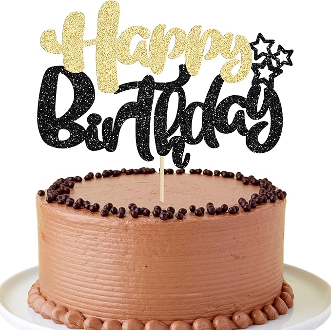 Ephlyn 1Pcs Happy Birthday Cake Topper Glitter Cake Pick for Celebrating Anniversary Theme Party Cake Decorations Supplies Black Gold