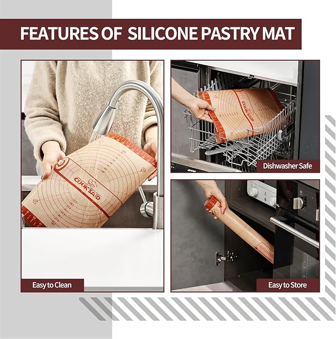 Cook's Aid Silicone Pastry Mat Extra Large with Measurements 26''x16'' for Reusable,Non-slip Silicone Baking Mat, Counter, Dough Rolling, Oven Liner,Fondant/Pie Crust, Red