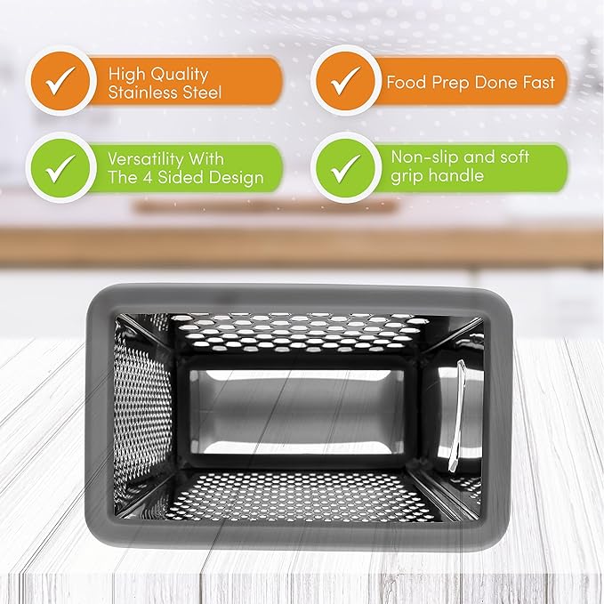 Spring Chef Professional Gray 10" Stainless Steel Parmesan Cheese Grater with Handle, 4 Sided Handheld Box Grater, Kitchen Carrot Shredder for Potato, Cheese, Ginger, Vegetables, Hashbrown