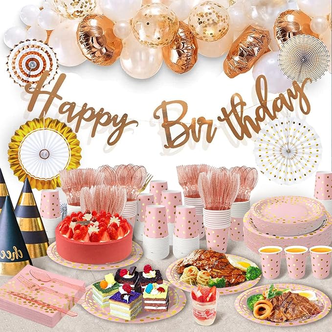 AIRE 175PCS Pink Rose Gold Plates Party Supplies Severs 25 Guests Disposable Party Decorations, Plastic Forks Knives Spoons, Golden Dot Paper Plates Napkins Cups for Baby Shower Birthday Wedding