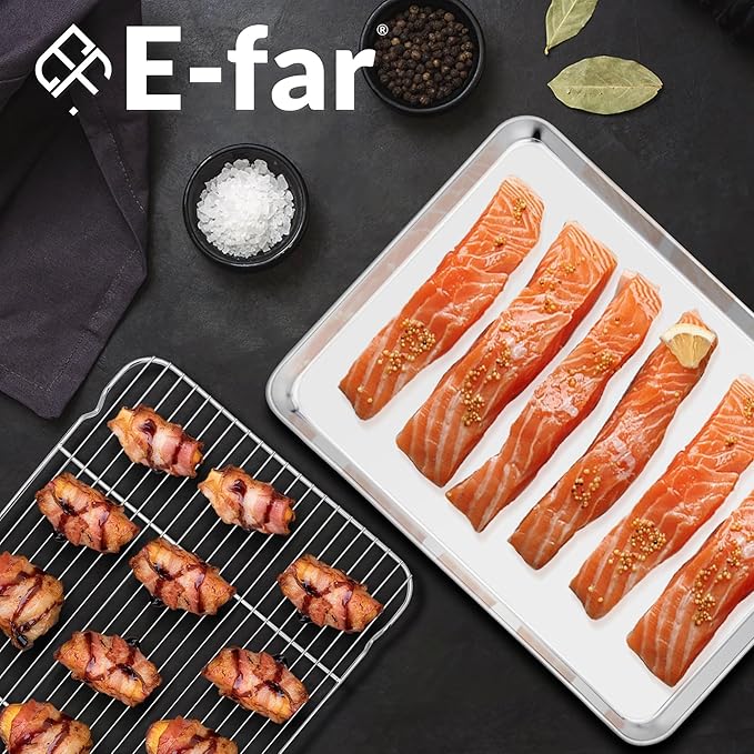 E-far Baking Sheet with Wire Rack (2 Pans + 2 Racks), Large Stainless Steel Cookie Sheets Pan & Cooling Rack for Baking Cookies Cake, Non Toxic & Heavy Duty, Oven & Dishwasher Safe, 18 x 13 x 1 Inch