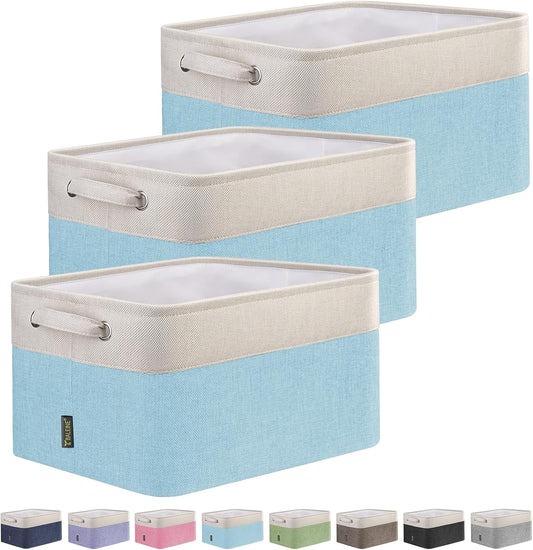 BALEINE 3 Pack Fabric Storage Bins for Shelves, Linen Storage Baskets for Organizing, Decorative Closet Bins for Clothes, Home (Skyblue, 12"x8"x8")