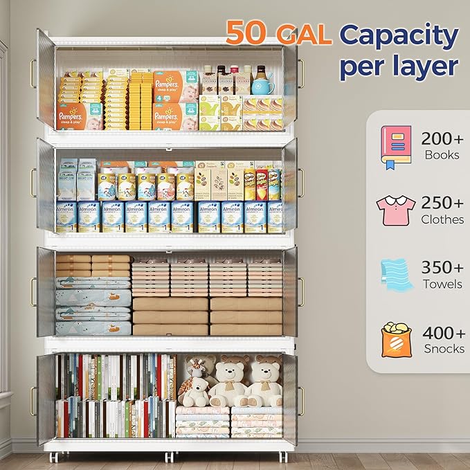 200GAL Extra Large Storage Bins with Lid, 800QT Plastic Stackable Storage Bins with 6x Wheels, Collapsible Closet Organizer and Storage Drawer Cabinet for Living Room Office Dorm, 4Pack White