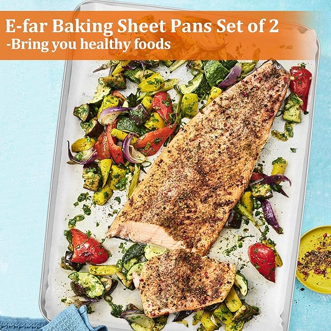 E-far Extra Large Baking Sheet, 20”x14” Stainless Steel Cookie Sheet Pan for Oven with 50 Parchment Paper, Rectangle Metal Baking Tray for Roasting, Rust Free & Heavy Duty, Dishwasher Safe-2 Pack