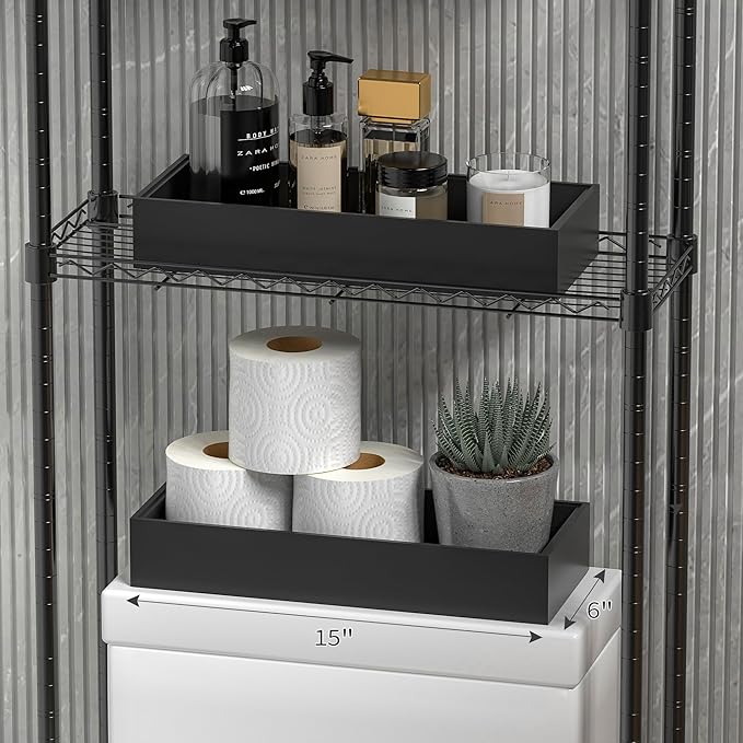 Kitchen Drawer Organizer Bins, Stackable Bamboo Drawer Organizer for Silverware, 2 Pcs Toilet Paper Basket Holder, Wood Bathroom Tray Countertop, Toilet Tank Tray Black 15" x 6" x 2.5"