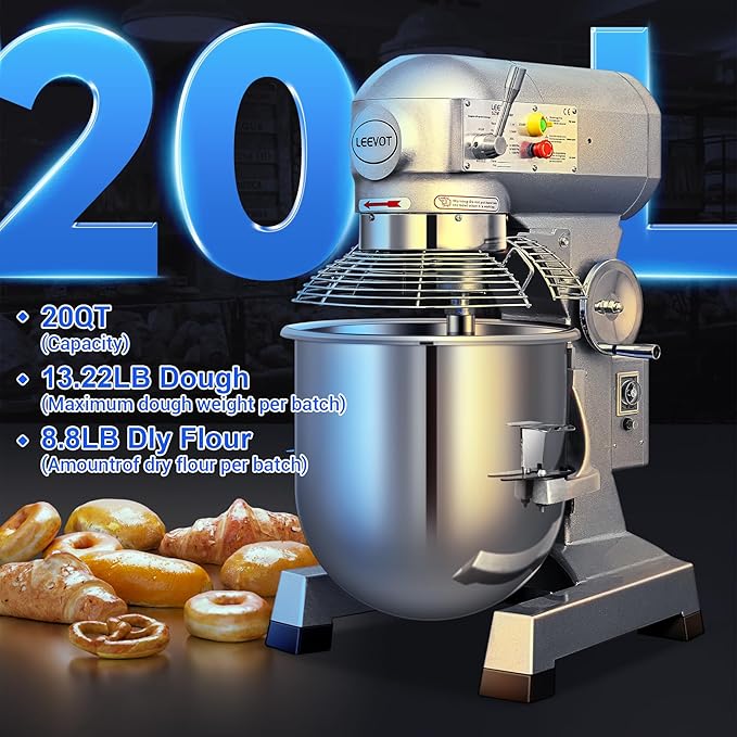 20Qt Commercial Stand Mixer with Timing Function,1100W Commercial Mixer 3-Speed Adjustable,Electric Stand Commercial Dough Mixer with Stainless Steel Bowl for Bakery Pizzeria