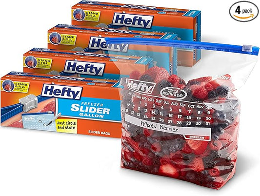 Hefty Calendar Slider Gallon Freezer Bags, 1 Gallon Size Slider Bags with Stand and Fill Expandable Bottoms, Helps Prevent Freezer Burn, 25 Count (Pack of 4)