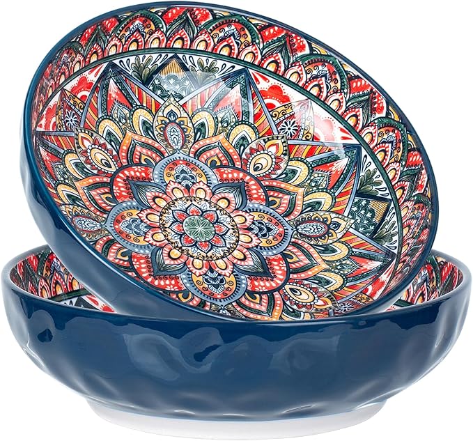 75 Oz Serving Bowls,Bohemian Style Large Porcelain Dishes for Entertaining Parties,Big Bowls for Eating Soup, Salad, Pasta, Fruit, Chips, 10.3 Inch Diameter (blue blue)