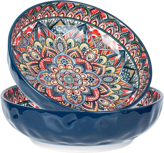 75 Oz Serving Bowls,Bohemian Style Large Porcelain Dishes for Entertaining Parties,Big Bowls for Eating Soup, Salad, Pasta, Fruit, Chips, 10.3 Inch Diameter (blue blue)