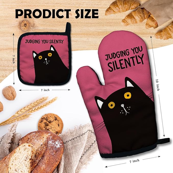 ZHANTUONE Judging You Silently Funny Heat Resistant Oven Mitts and Pot Holders Set with Silicone Non-Slip, Cute Cat Cooking Baking Gadgets, Gifts for Mom Aunt Sister BFF Cat Lover