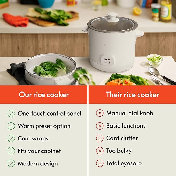 bella 16 Cup Rice Cooker with Steamer, Dishwasher Safe Steaming Basket, Rice Paddle and Measuring Cup, Removable Nonstick Cooking Bowl, Automatic Keep Warm Function, 400 Watt, Oatmilk