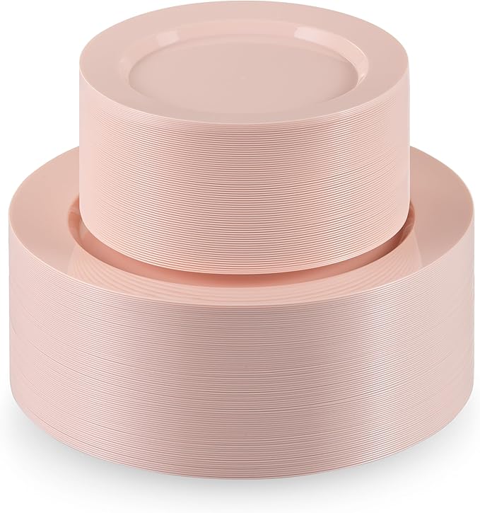 Munfix 100 Pink Plastic Plates Set, 50 Pcs 10 Inch Plastic Dinner Plates and 50 Pcs 7 Inch Plastic Dessert Plates, Elegant Fancy Heavy Duty Disposable Plates for Party, Wedding, Pink