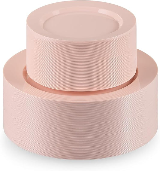 Munfix 100 Pink Plastic Plates Set, 50 Pcs 10 Inch Plastic Dinner Plates and 50 Pcs 7 Inch Plastic Dessert Plates, Elegant Fancy Heavy Duty Disposable Plates for Party, Wedding, Pink