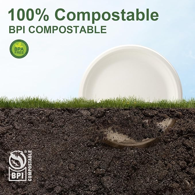 WELLIFE 100% Compostable Paper Plates 9 Inch, 125-Pack Heavy Duty Paper Plates Bulk,Biodegradable Bagasse,Eco-Friendly Disposable Dinner Plate for BBQ,Picnic,Party (BPI Certified,Microwaveable)