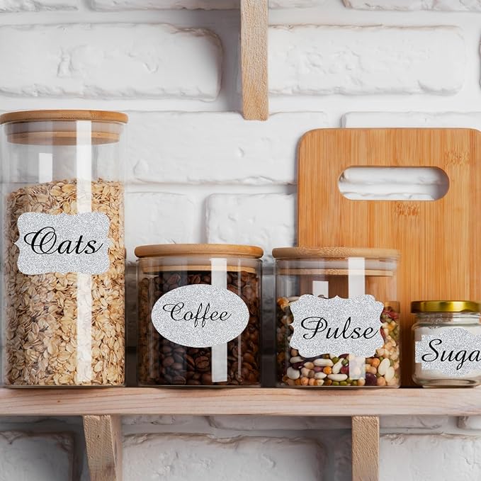 350 PCS Gift Tags Stickers Name Labels Stickers,2" x 1.2" Fancy Shape Stickers Self-Adhesive Handmade Bottle All-Purpose Jar Labels for Presents Cosmetic Decoration Jars Food Craft (Bright Silver)