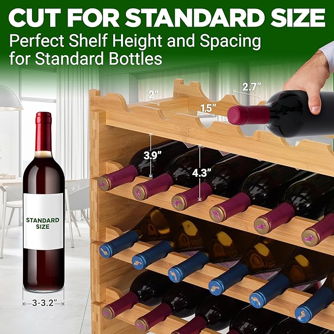 NutriChef Bamboo Stackable Wine Rack, 8-Tier 72 Bottle Capacity Wine Racks Free Standing Floor, No Tools Assembly, Modular Storage Display Shelf for Kitchen and Cellar 33.5" x 10" x 42"