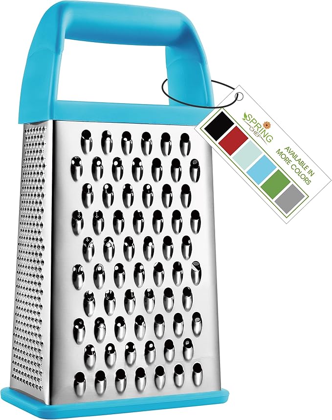 Spring Chef Professional 10" Stainless Steel Parmesan Cheese Grater with Handle, 4 Sided Handheld Box Grater, Kitchen Food Shredder for Potato, Cheese, Ginger, Veggie - Aqua Sky