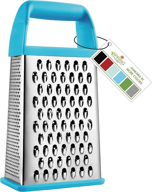 Spring Chef Professional 10" Stainless Steel Parmesan Cheese Grater with Handle, 4 Sided Handheld Box Grater, Kitchen Food Shredder for Potato, Cheese, Ginger, Veggie - Aqua Sky