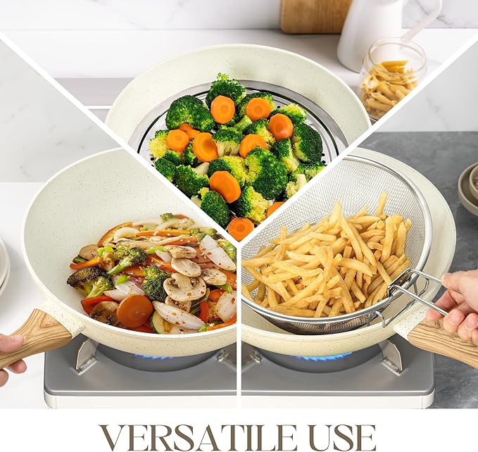 MICHELANGELO 12 Inch Wok Pan with Lid - Woks & Stir-Fry Pans Nonstick Wok with Lid, Stir Fry Pan with Cool-Touch Handle, Induction Wok Set with Stainless Steamer & Fryer Basket