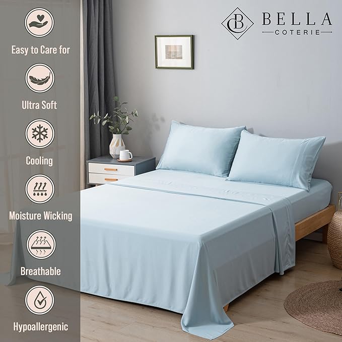 Bella Coterie Luxury Bamboo Viscose Split Top King Size Sheet Set | 100% Organically Grown | Ultra Soft | 34" Split | Cooling for Hot Sleepers | 18" Deep Pocket [Coastal Blue]