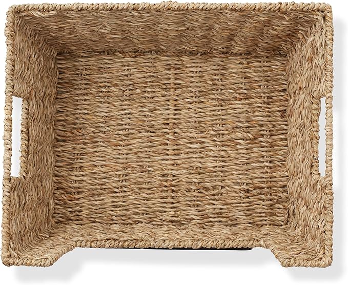 Casafield Set of 2 Seagrass Pantry Baskets with Handles, Chalkboard Labels and Marker - Natural, Wide Woven Storage Bin Organizers for Kitchen Shelves