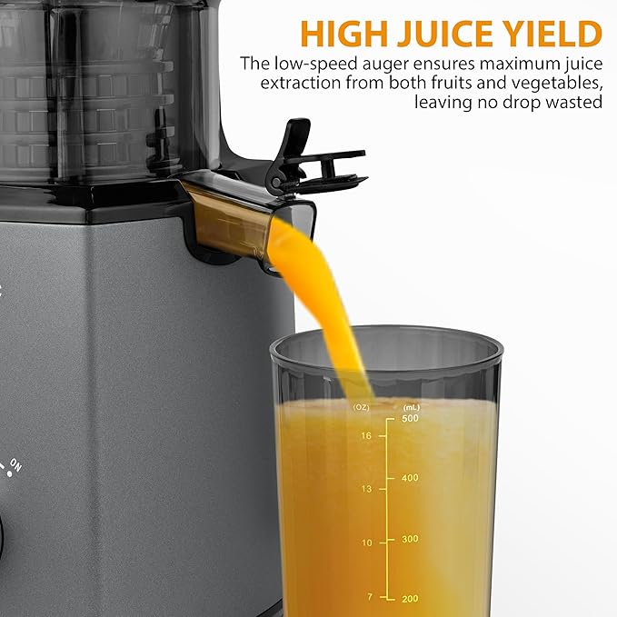 Pukomc Cold Press Juicer,5.8" Wide Feed Chute Juice Extractor Machine with 300W,Slow Masticating Juicer for Whole Vegetables & Fruits,High Juice Yield,Easy to Clean,Grey