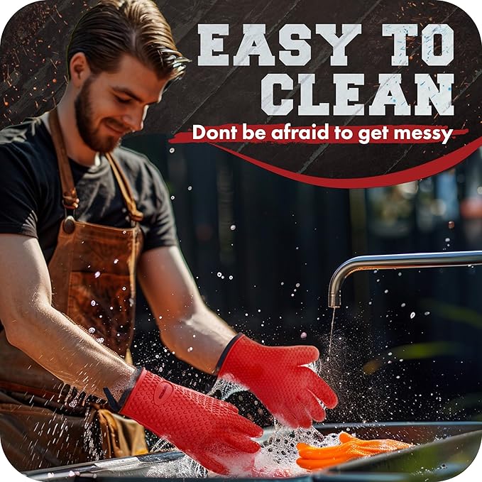KITCHEN PERFECTION XL Silicone Smoker Oven Gloves-Extreme Heat Resistant BBQ Gloves-Handle Hot Food Right on Your Grill Fryer&Pit|Waterproof Grilling Cooking Baking Mitts|Superior Value Set+3 Bonuses