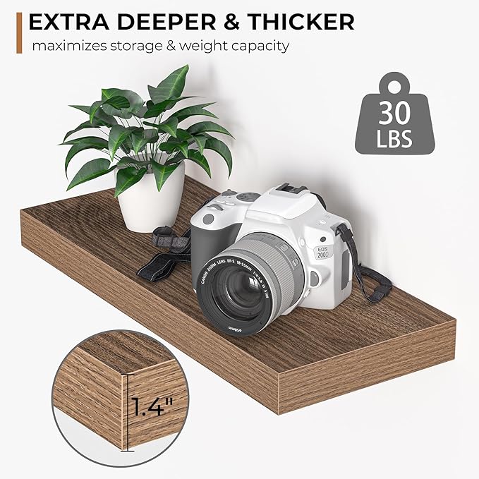 Fun Memories Floating Shelves - 16 Inch Wall Shelf for Decor & Storage - Wall Mounted Display Shelving with Invisible Heavy-Duty Metal Bracket 2Pack, Walnut