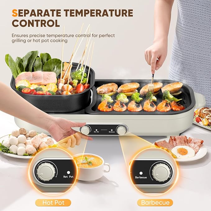 Electric Hot Pot with Grill, 2 In 1 Indoor Non-Stick Barbecue Shabu Hot Pot with Dual Temperature Control, Detachable Hotpot and Baking Tray, Smokeless Shabu Korean BBQ Grill