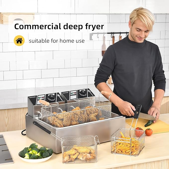 Commercial Deep Fryer with Basket for Restaurant or Home Use, 3400W 12.7QT Detachable Large Capacity Stainless Steel Countertop Electric Oil Fryer with Temperature Control