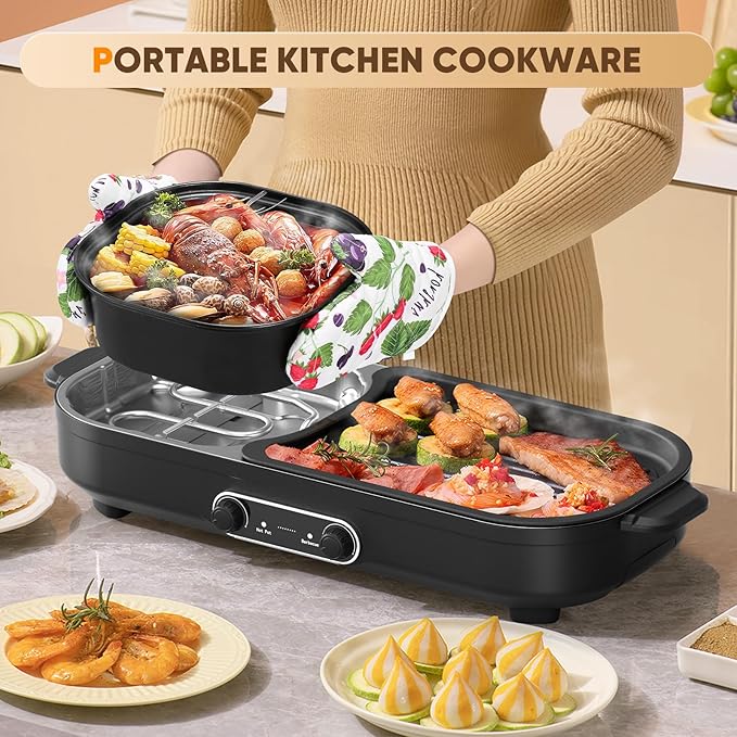 Electric Hot Pot with Grill, 2 In 1 Indoor Non-Stick Barbecue Shabu Hot Pot with Dual Temperature Control, Detachable Hot Pot and Baking Tray, Smokeless Shabu Korean BBQ Grill